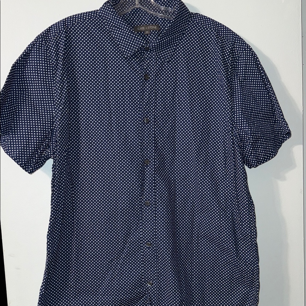 Men's XL Slate & Stone Navy Short-Sleeve Button-Down with White Microdot Pattern